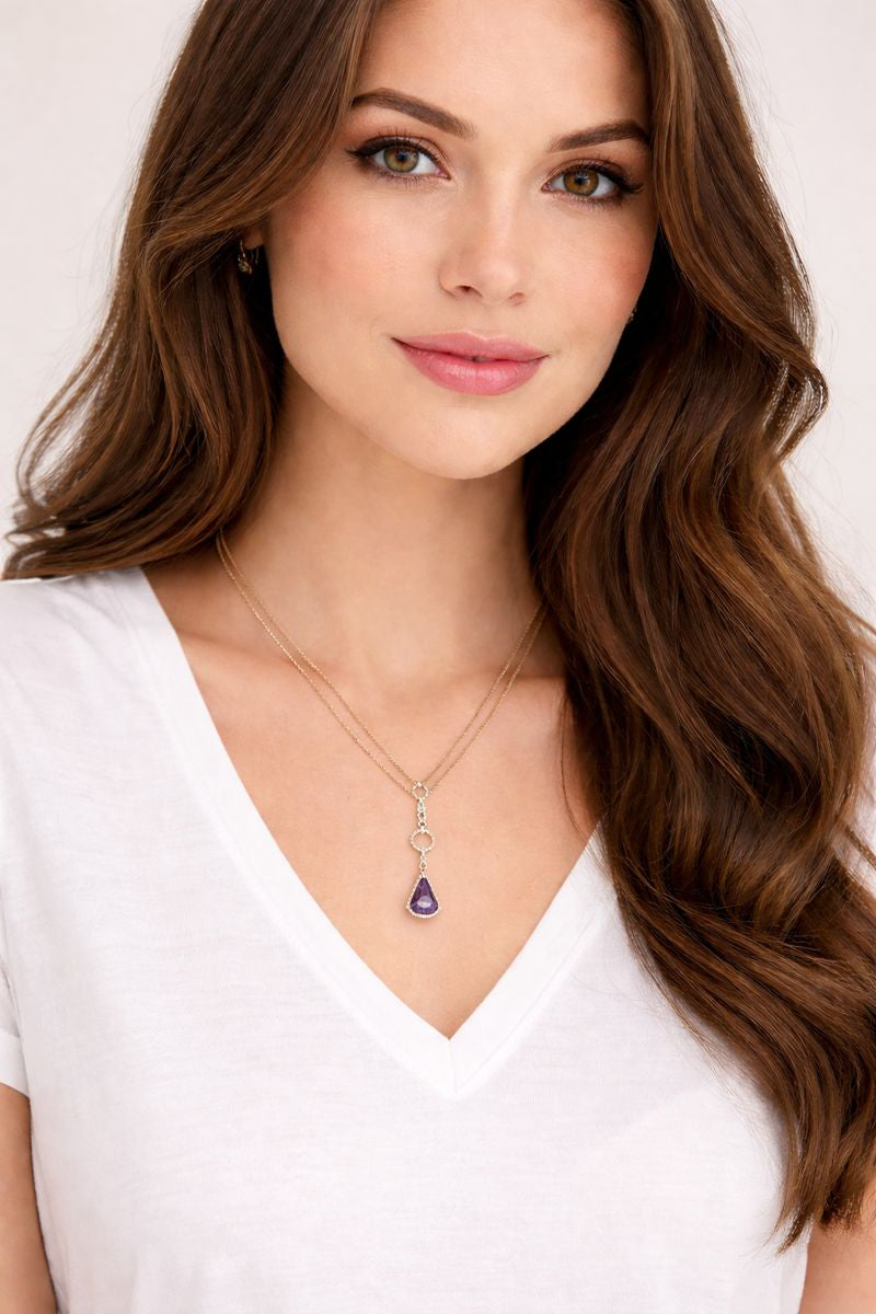 Elegant Amethyst and Diamond Pendant Necklace in 14 kt Rose Gold Chain