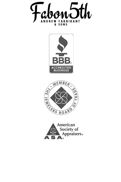 Fabon5th Logo, Better Business Bureau  BBB Logo, Jewelers Board of Trade Logo, American Society of Appraisers Logo.