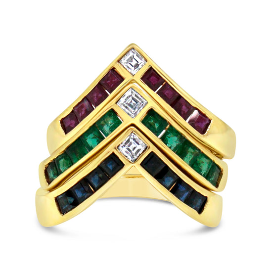 Chevron Diamond and Multi-Precious Gems Stackable Rings - Set of 3