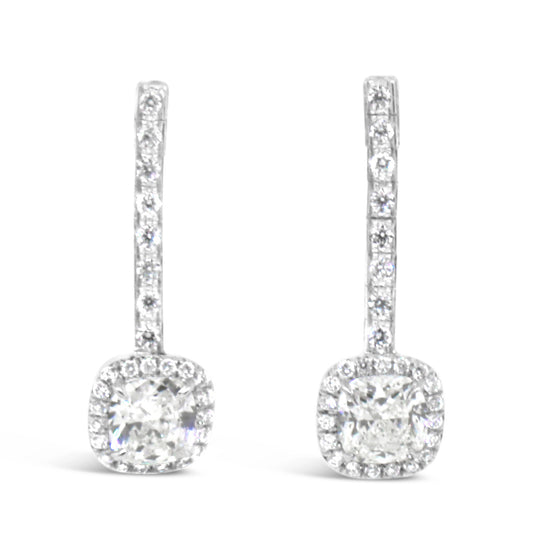 18k White Gold Cushion Cut Diamond Hanging Earrings