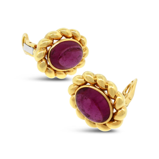 18k Yellow Gold Pink Tourmaline Cabochon Clip-on Earrings