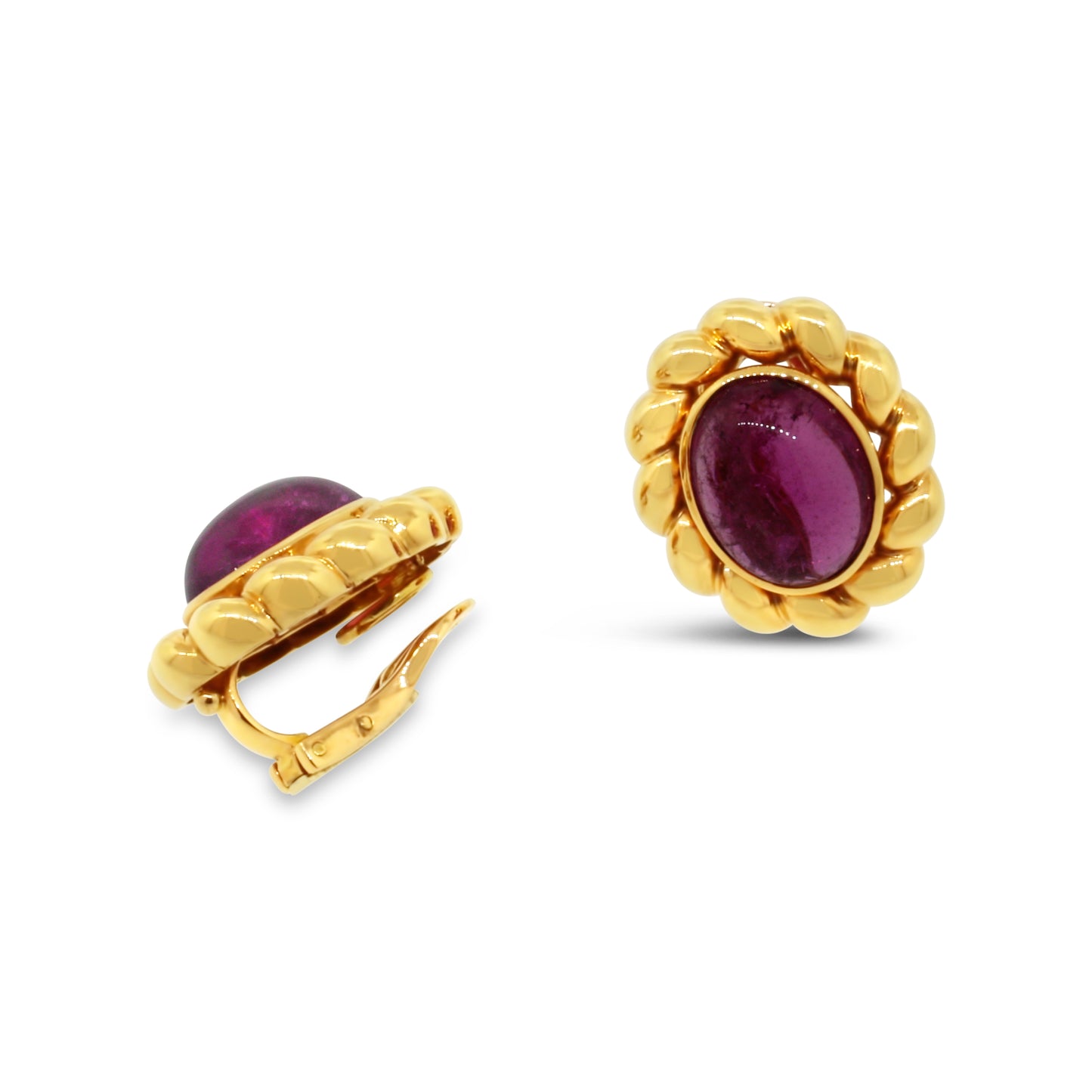 18k Yellow Gold Pink Tourmaline Cabochon Clip-on Earrings