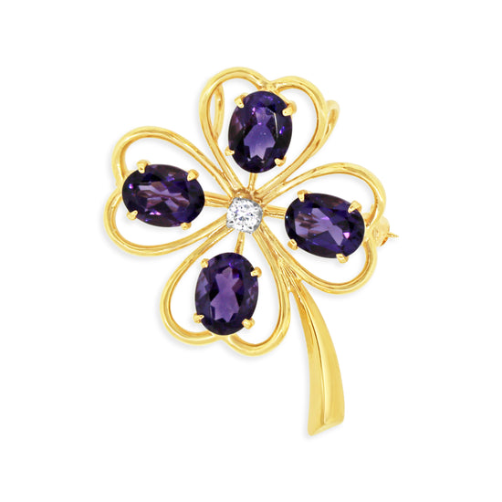 Beautiful Amethyst and Diamond Lucky Clover Brooch