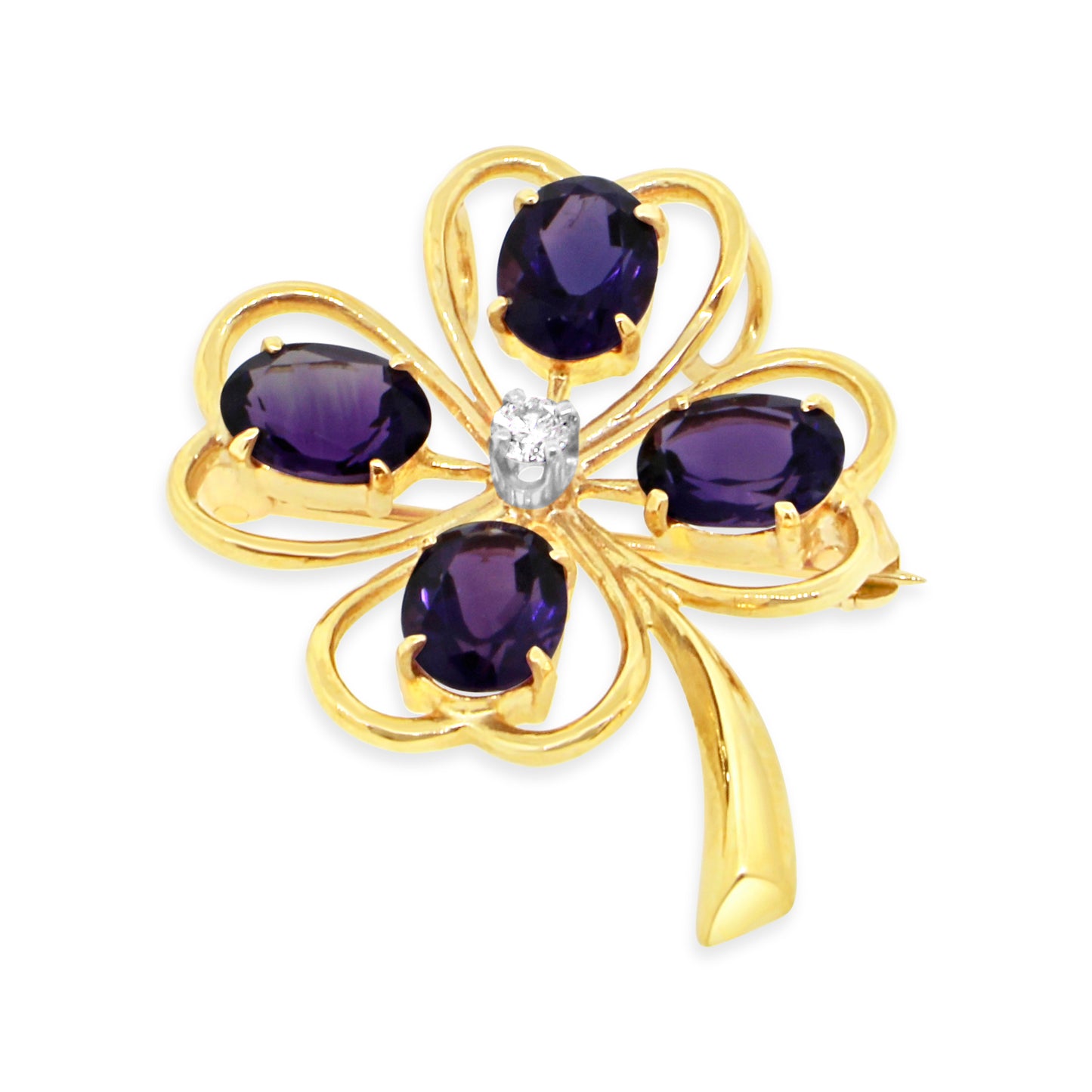 Beautiful Amethyst and Diamond Lucky Clover Brooch