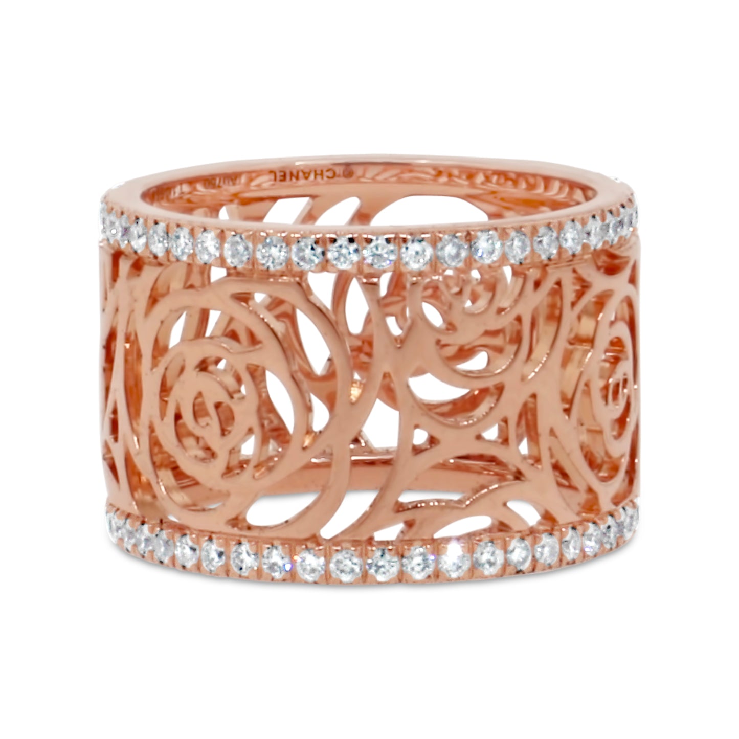 CHANEL Camelia Ajoure Rose Diamond Yellow Gold Band Ring