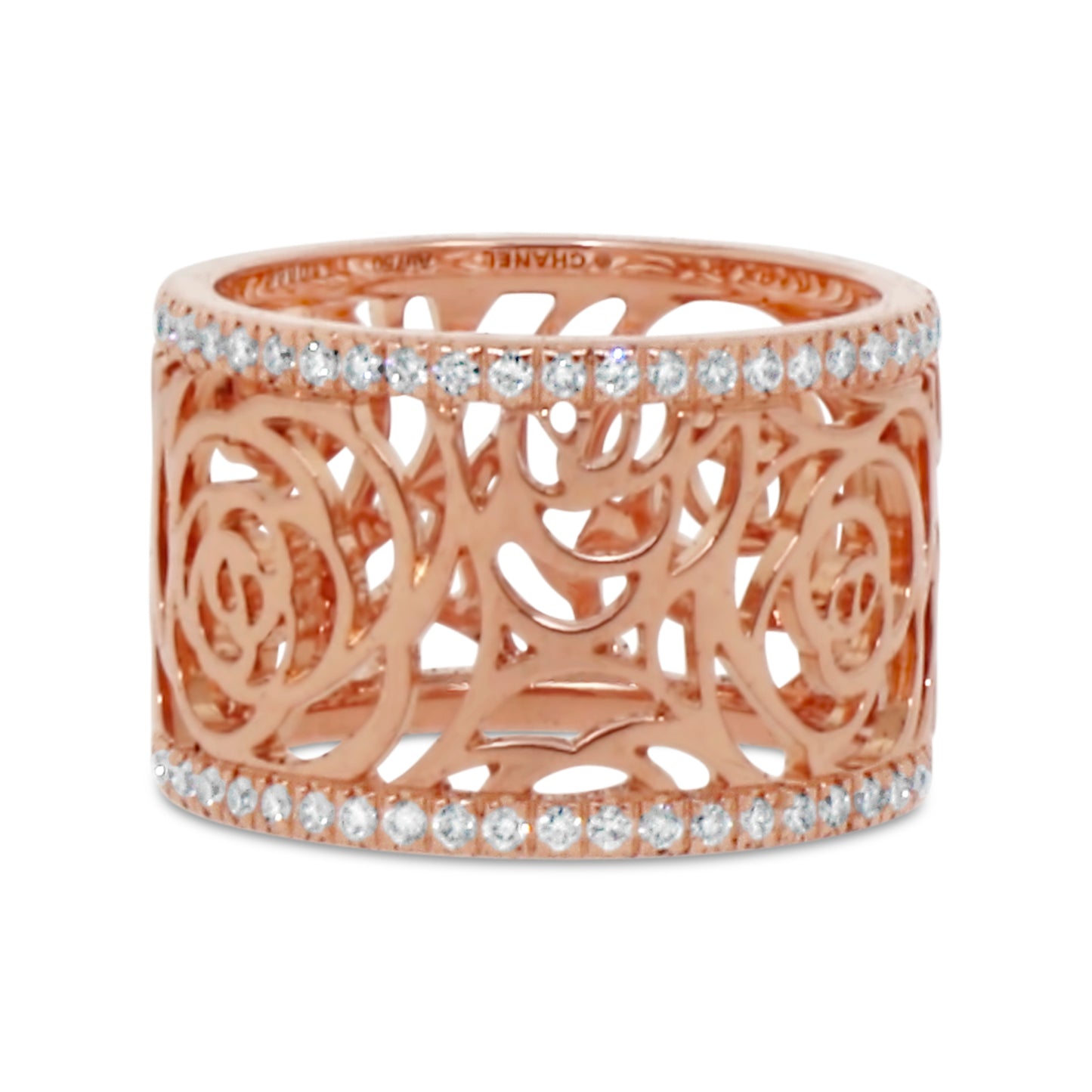 CHANEL Camelia Ajoure Rose Diamond Yellow Gold Band Ring