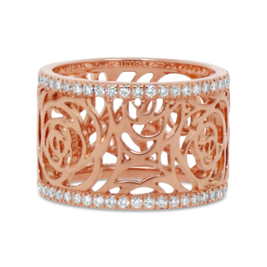 CHANEL Camelia Ajoure Rose Diamond Yellow Gold Band Ring