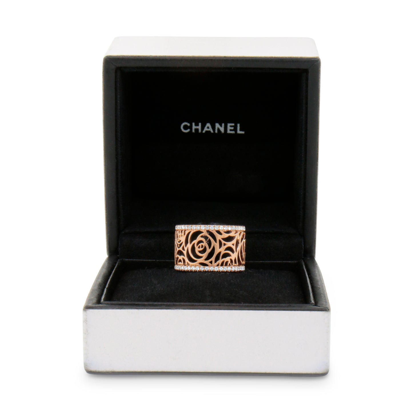 CHANEL Camelia Ajoure Rose Diamond Yellow Gold Band Ring