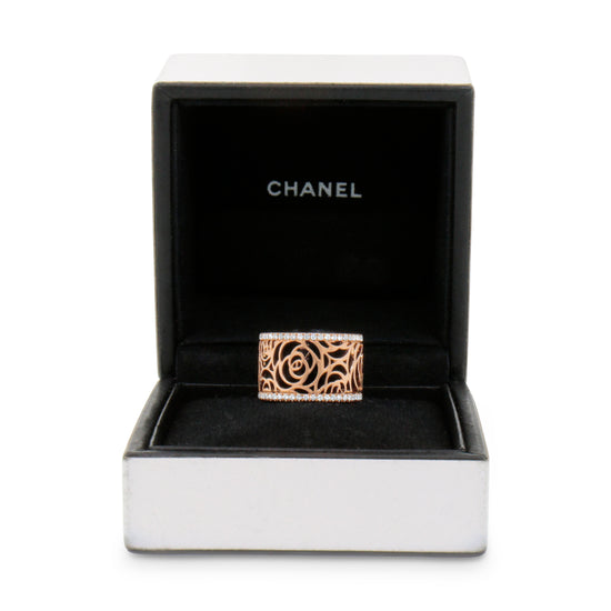 CHANEL Camelia Ajoure Rose Diamond Yellow Gold Band Ring