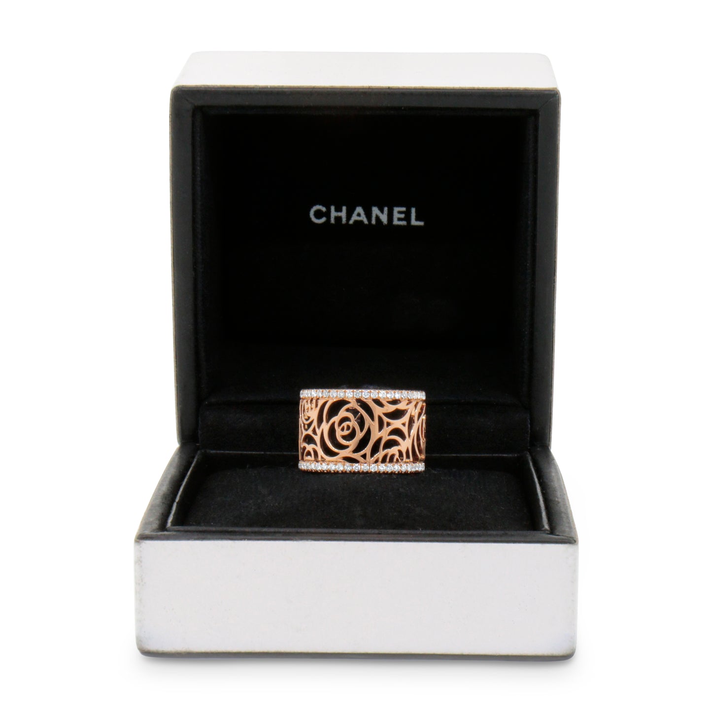CHANEL Camelia Ajoure Rose Diamond Yellow Gold Band Ring