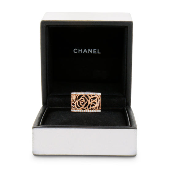 CHANEL Camelia Ajoure Rose Diamond Yellow Gold Band Ring