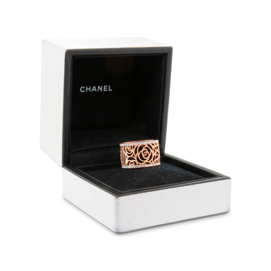 CHANEL Camelia Ajoure Rose Diamond Yellow Gold Band Ring