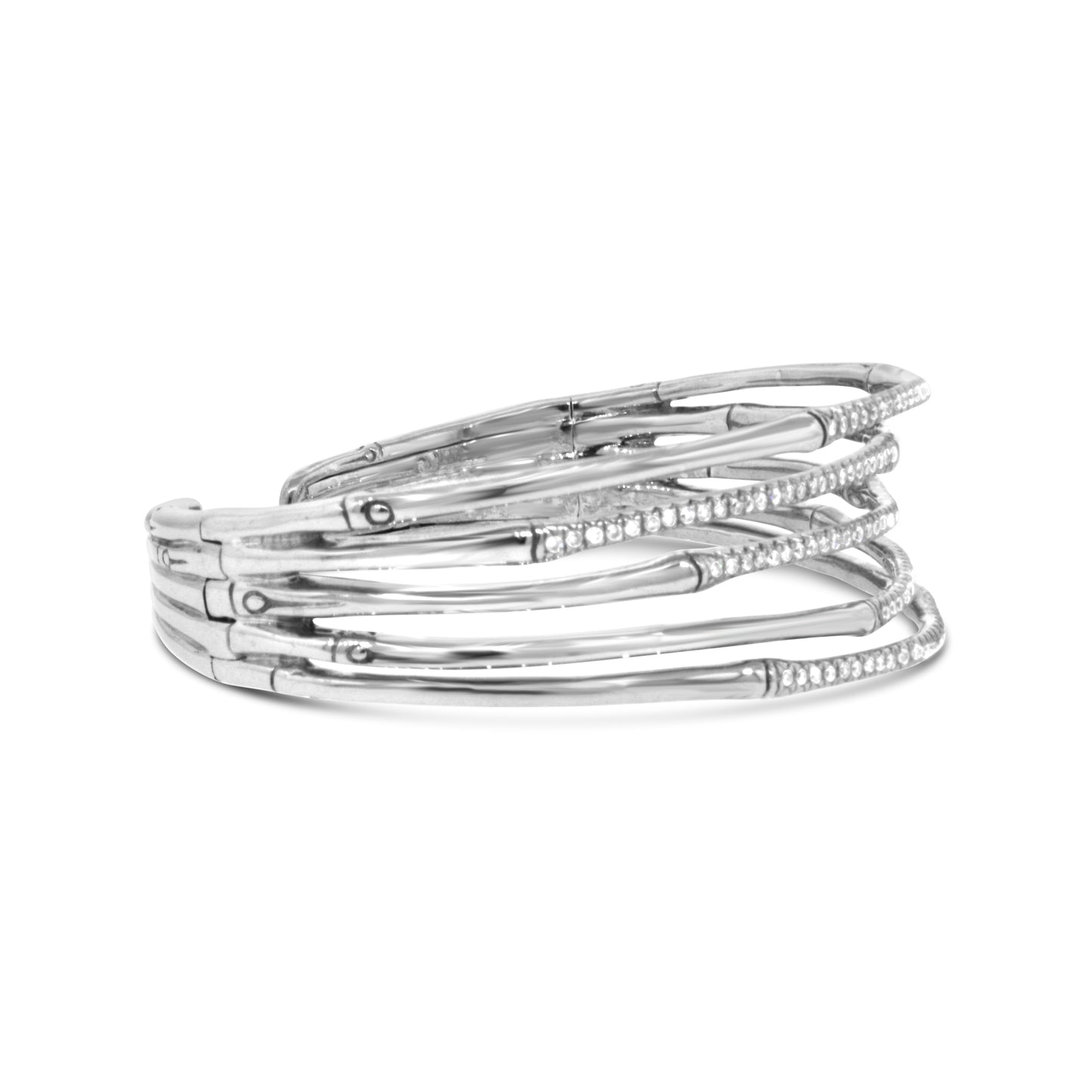 John Hardy Sterling Silver Bamboo Diamond Bangle Cuff Bracelet