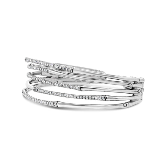 John Hardy Sterling Silver Bamboo Diamond Bangle Cuff Bracelet
