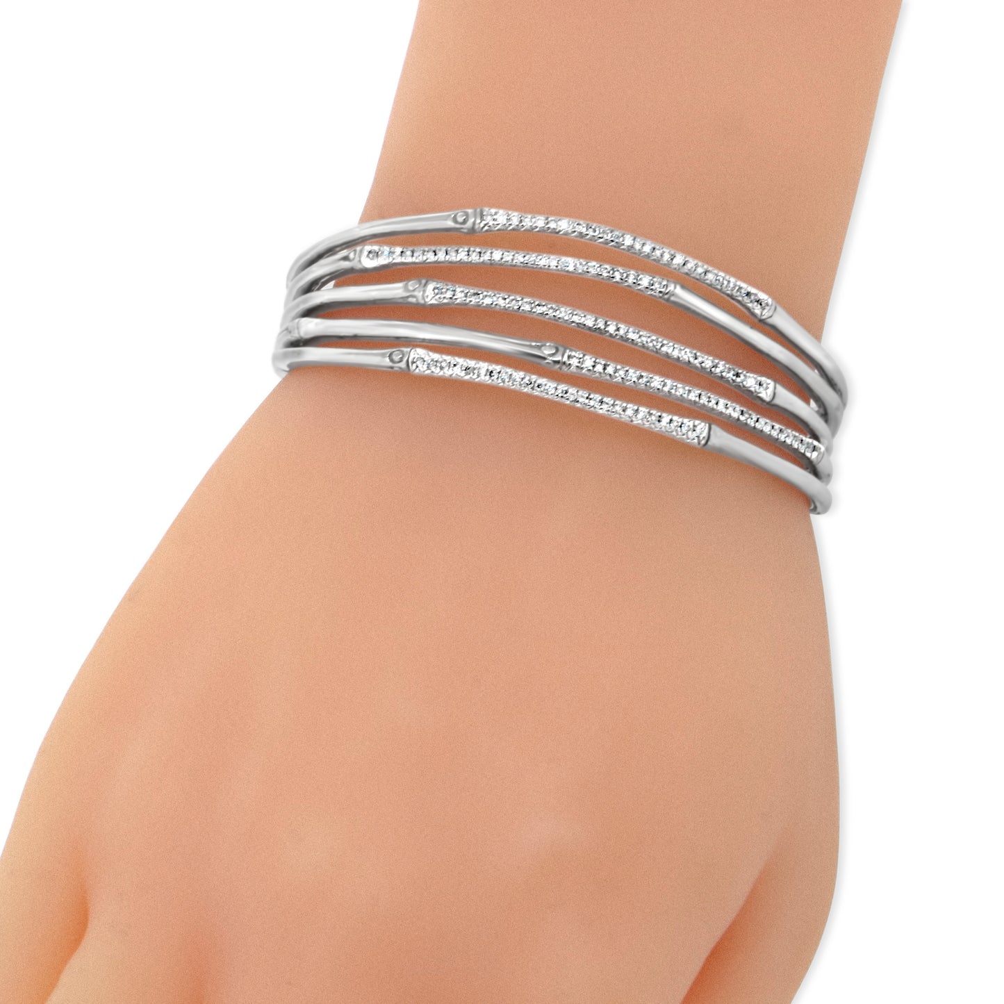 John Hardy Sterling Silver Bamboo Diamond Bangle Cuff Bracelet