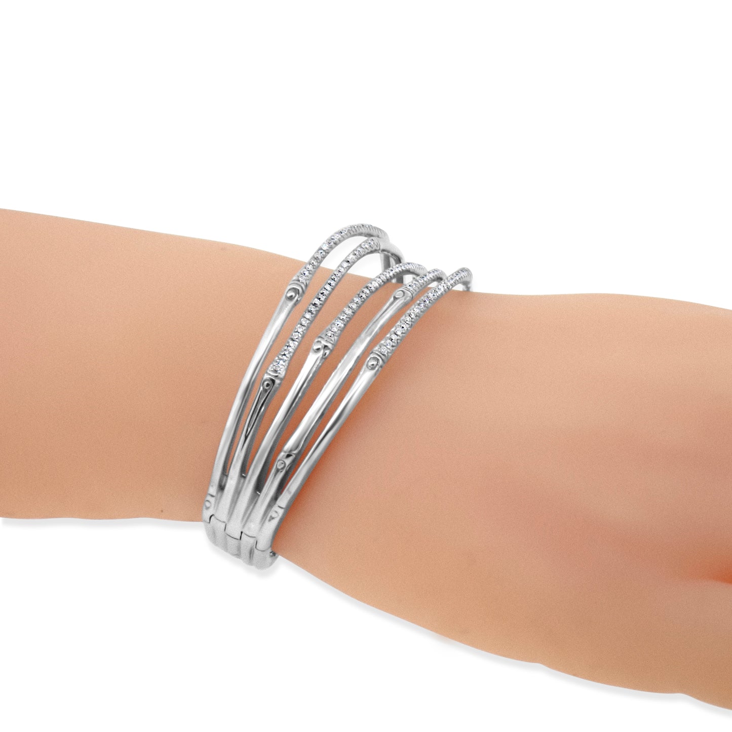 John Hardy Sterling Silver Bamboo Diamond Bangle Cuff Bracelet