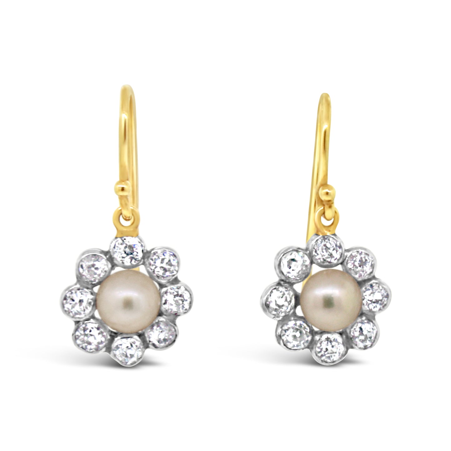 Sweetheart 14kt Yellow Gold with Pearl and Old Mine Cut Diamond Hanging Earrings