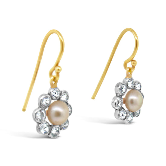 Sweetheart 14kt Yellow Gold with Pearl and Old Mine Cut Diamond Hanging Earrings