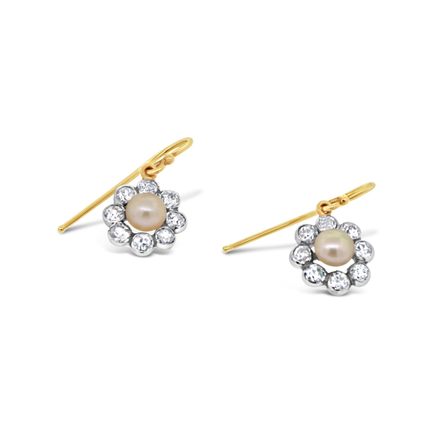 Sweetheart 14kt Yellow Gold with Pearl and Old Mine Cut Diamond Hanging Earrings
