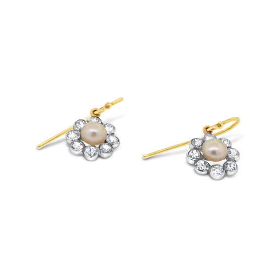 Sweetheart 14kt Yellow Gold with Pearl and Old Mine Cut Diamond Hanging Earrings