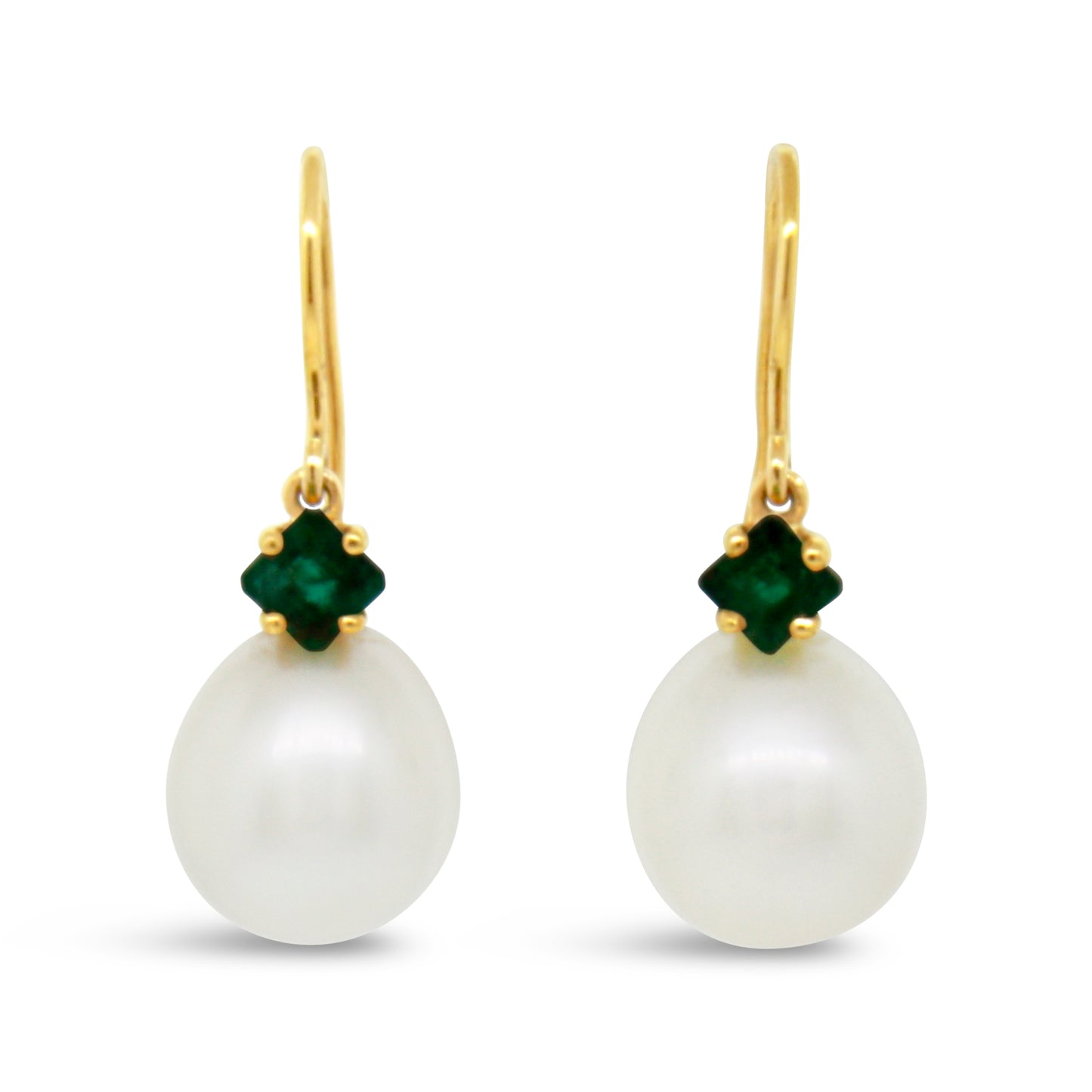 18kt Yellow Gold Pearl Hanging Earrings with Emerald Accent