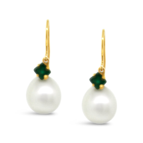 18kt Yellow Gold Pearl Hanging Earrings with Emerald Accent