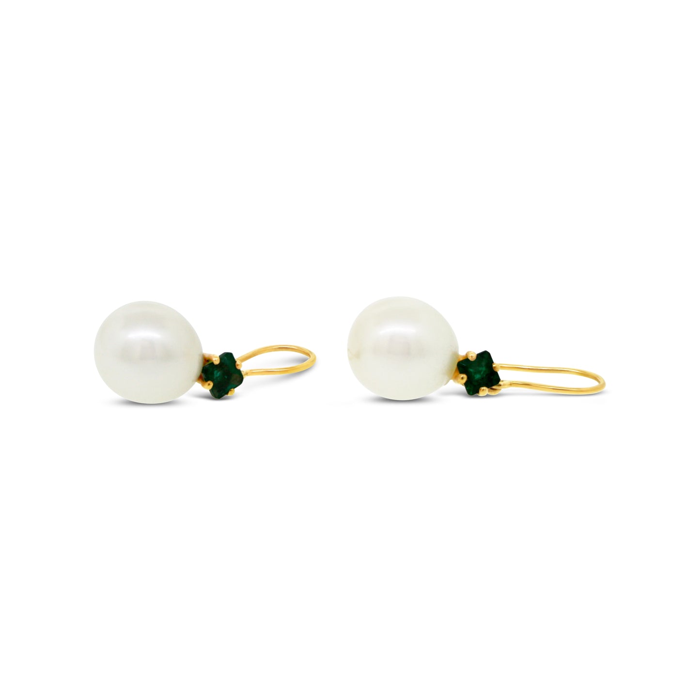 18kt Yellow Gold Pearl Hanging Earrings with Emerald Accent
