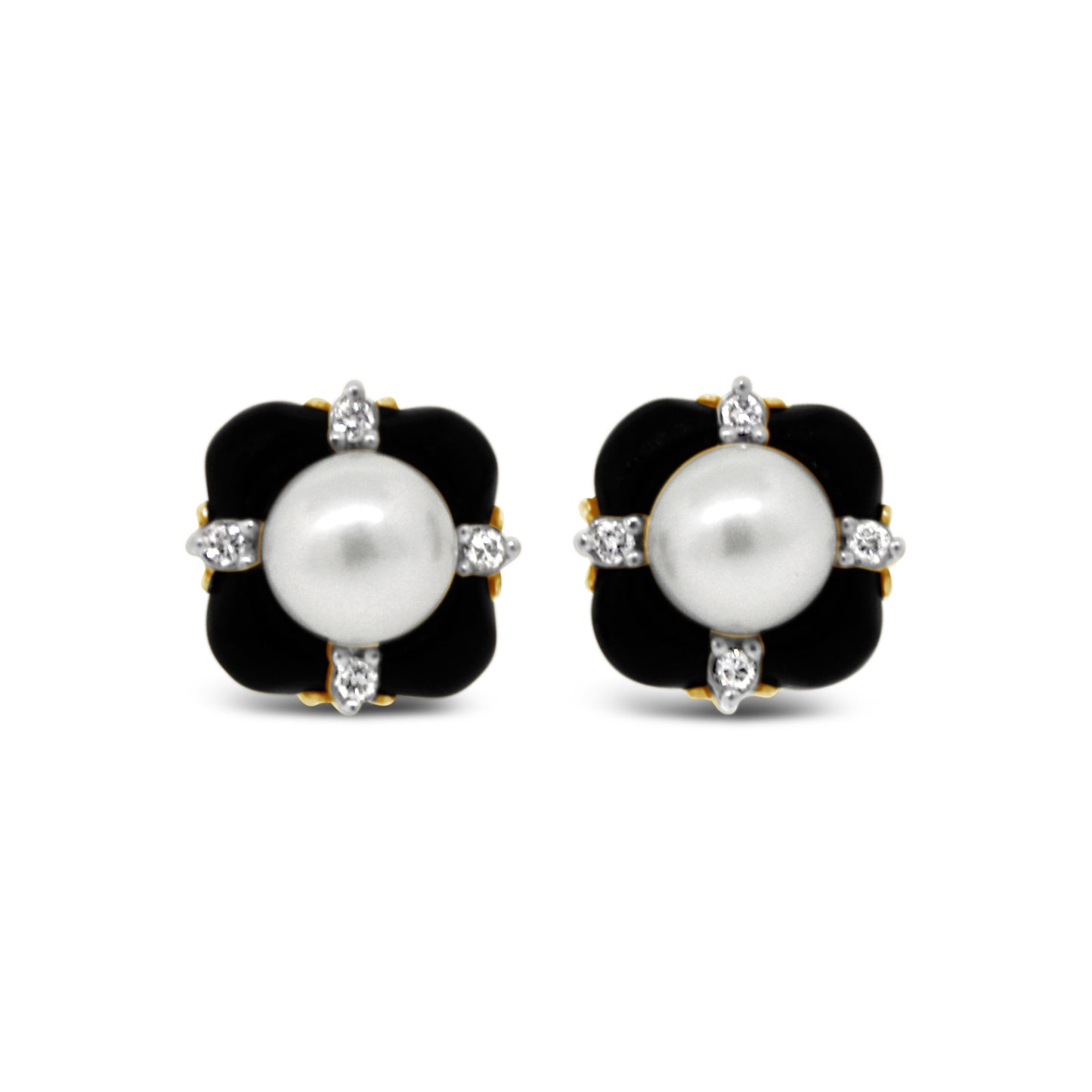 14kt Yellow Gold Pearl, Onyx and Diamond Stud Earrings