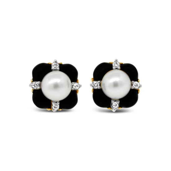 14kt Yellow Gold Pearl, Onyx and Diamond Stud Earrings