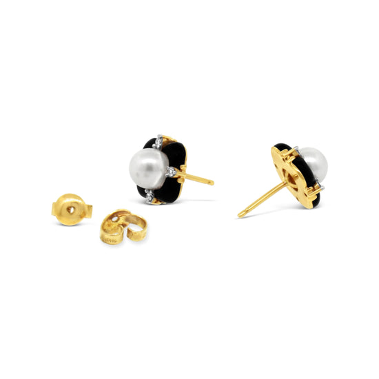 14kt Yellow Gold Pearl, Onyx and Diamond Stud Earrings