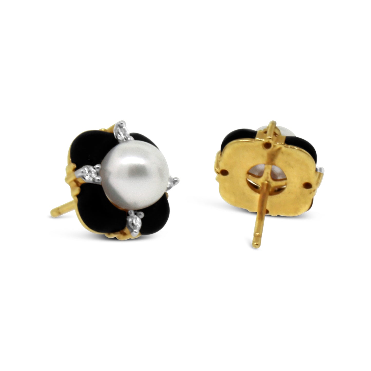 14kt Yellow Gold Pearl, Onyx and Diamond Stud Earrings