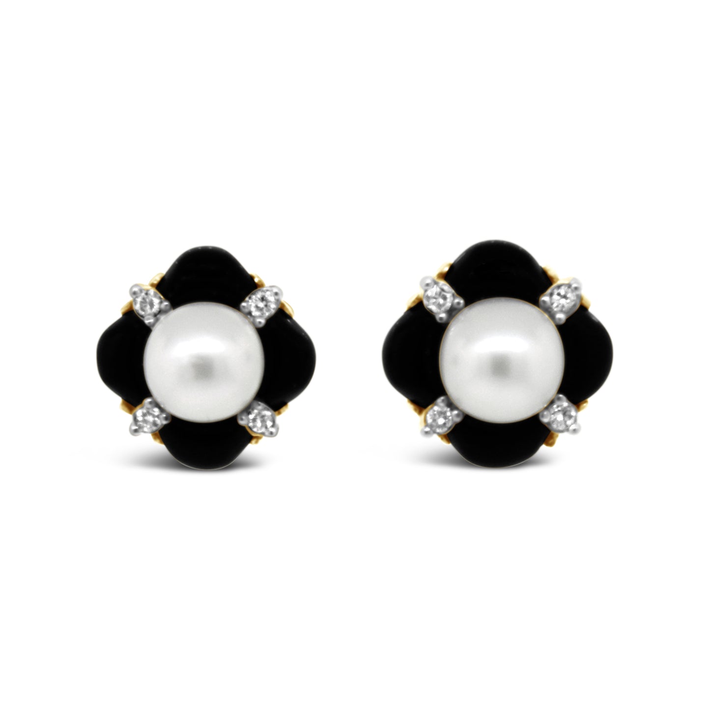 14kt Yellow Gold Pearl, Onyx and Diamond Stud Earrings