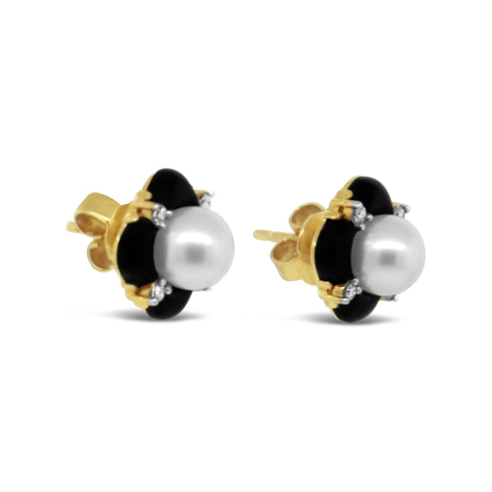 14kt Yellow Gold Pearl, Onyx and Diamond Stud Earrings