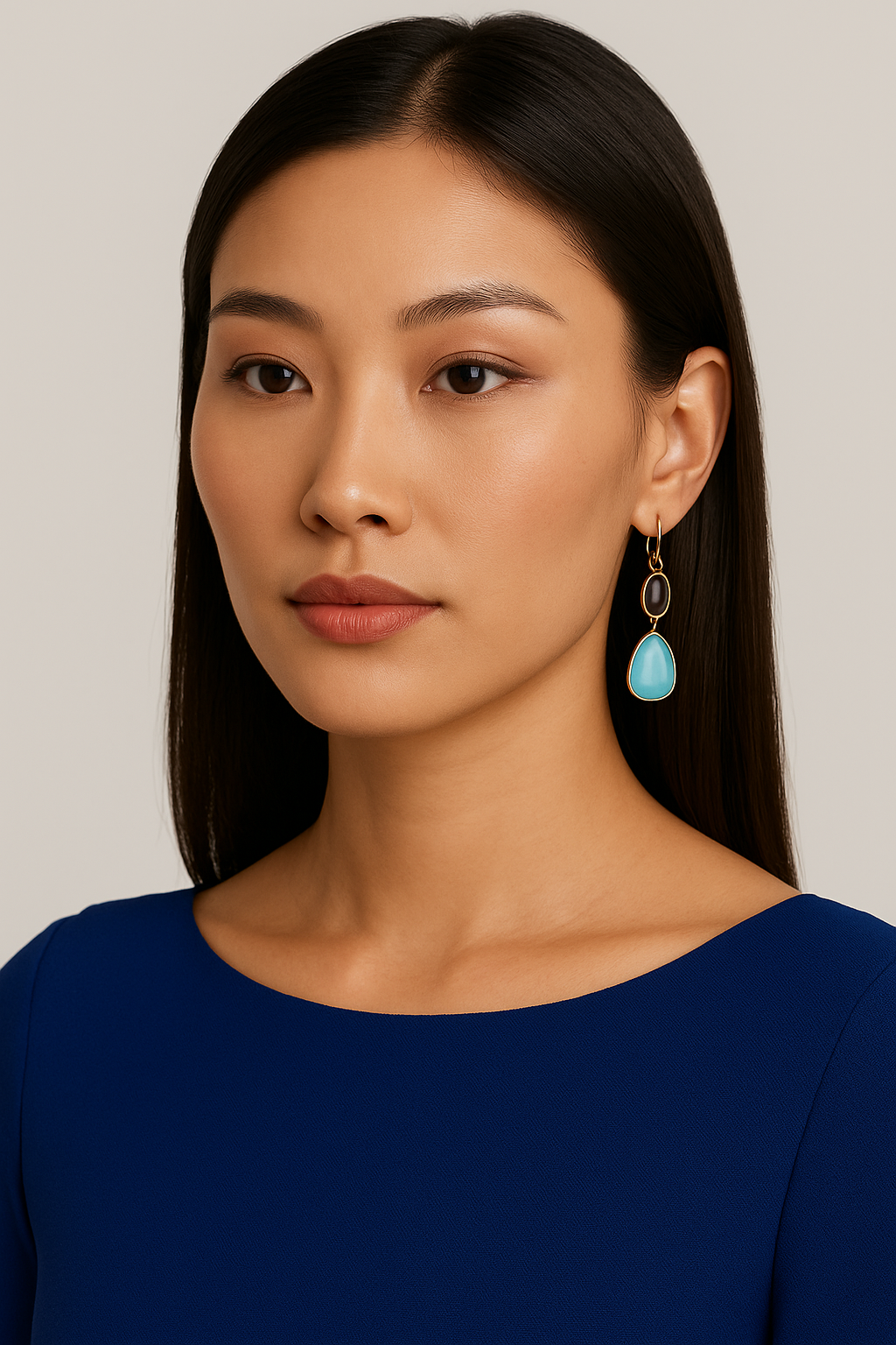 Turquoise and Onyx Yellow Gold Dangle Earrings