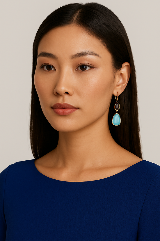 Turquoise and Onyx Yellow Gold Dangle Earrings