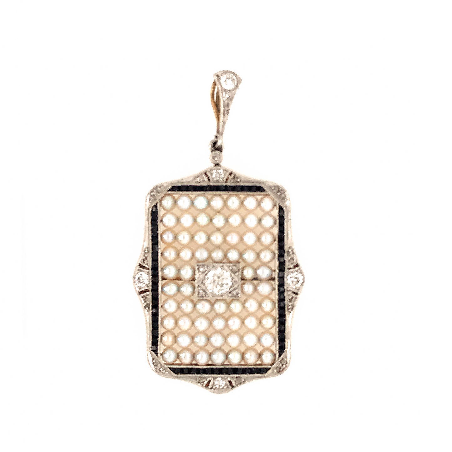 Load image into Gallery viewer, Vintage 14k White Gold Plaque of Pearls with Diamond and Black Onyx Accent
