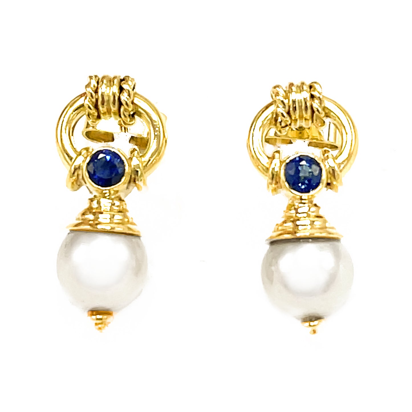 Load image into Gallery viewer, Pearls and Sapphire Dangle Estate Earrings
