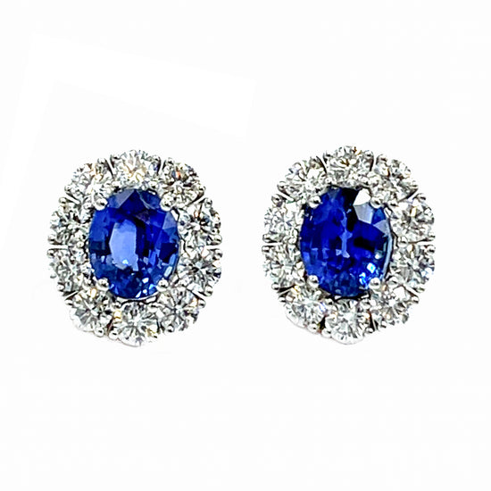 Load image into Gallery viewer, Oval Sapphire &amp;amp; Diamond Earrings set in 18k Gold
