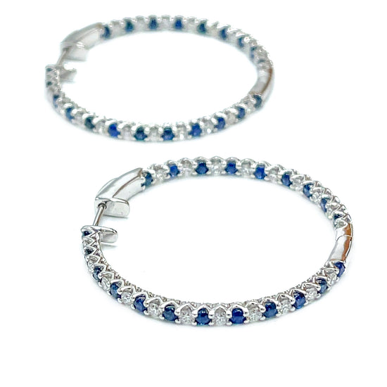 18 kt White Gold Sapphire and Diamond Inside and Out Hoop Earrings