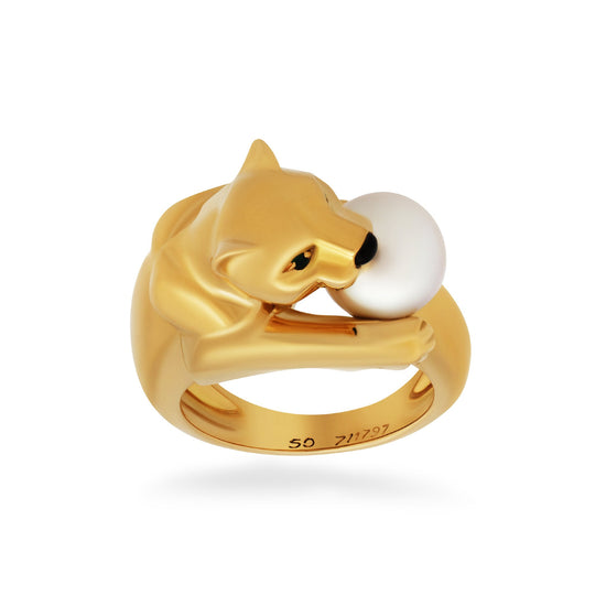 Load image into Gallery viewer, Cartier 18K Yellow Gold  Emerald Pearl Panther Ring Size: 5.25
