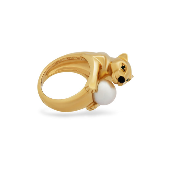 Cartier 18K Yellow Gold  Emerald Pearl Panther Ring Size: 5.25
