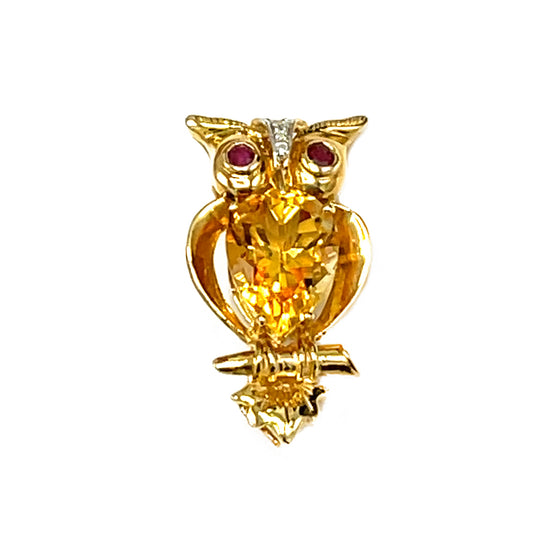 14kt Yellow Gold Citrine Owl Pin with Ruby Eyes