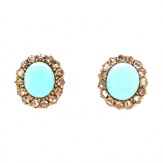 Estate 18k Yellow Gold  Turquoise and Rough Cut Diamond Earrings