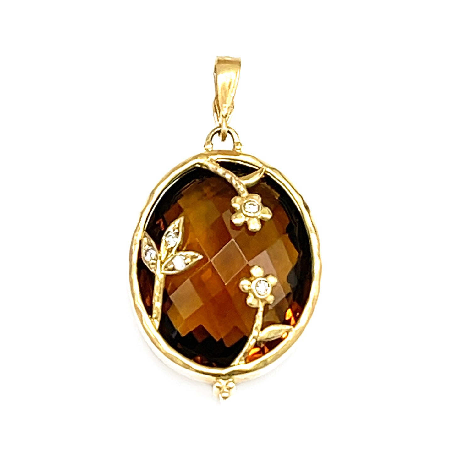 14kt Yellow Gold Oval Smokey Brown Topaz with Small Diamond Flowers Pendant