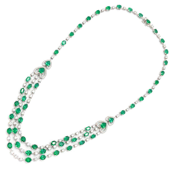 18k White Gold Emerald and Diamond Layered Necklace