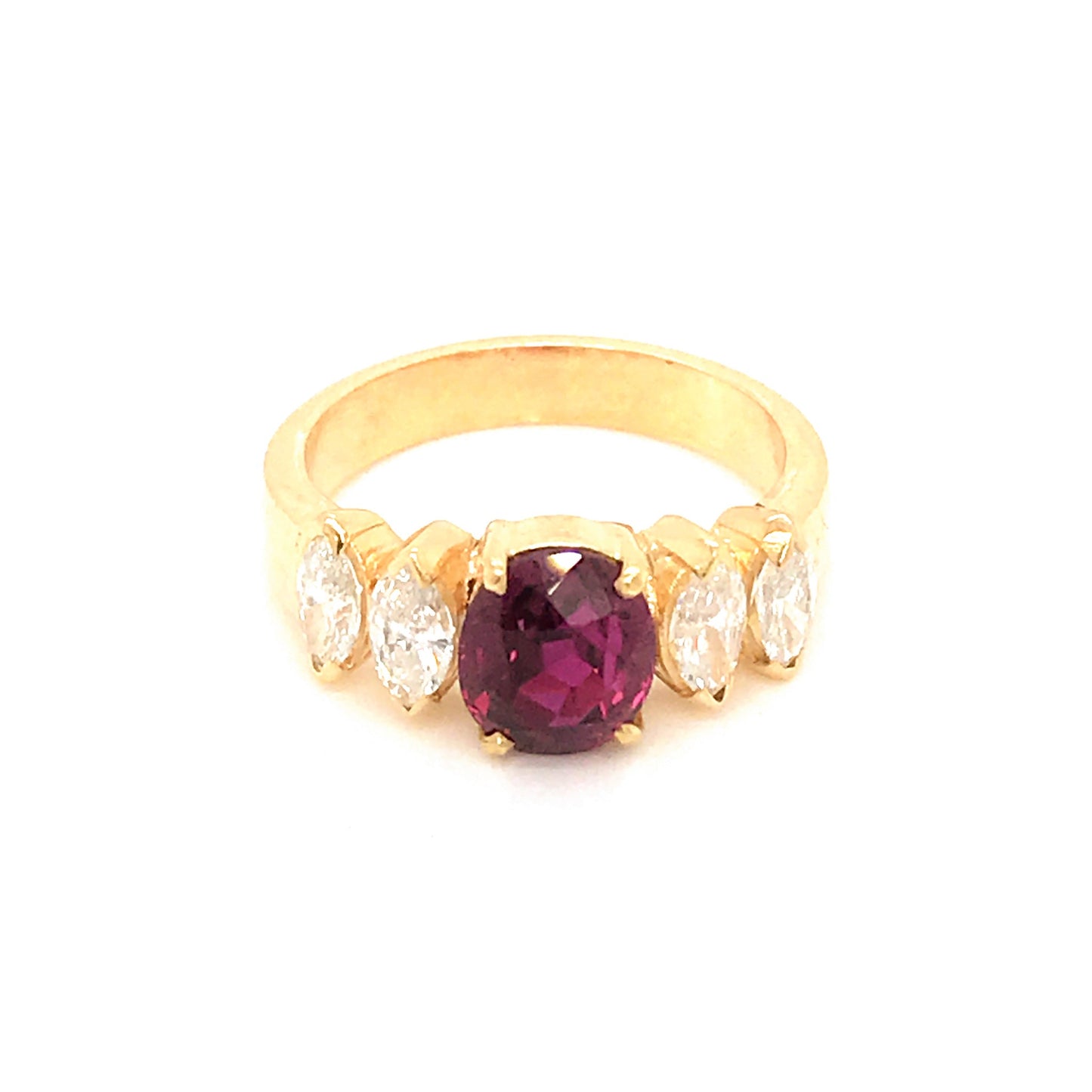 Unique 18k Yellow Gold Oval Ruby and Marquise Diamond Ring