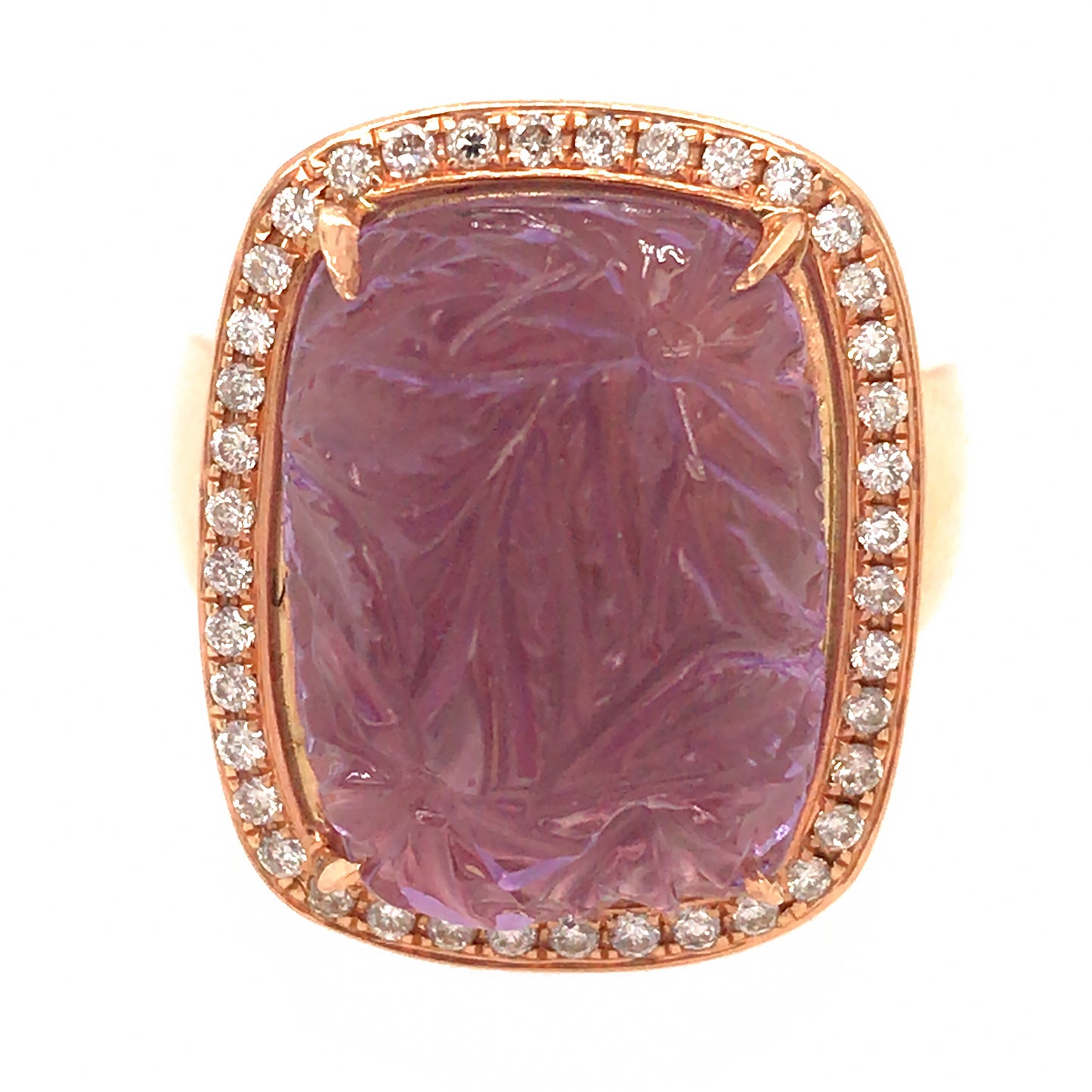 18k Rose Gold Carved Amethyst and Diamond Ring