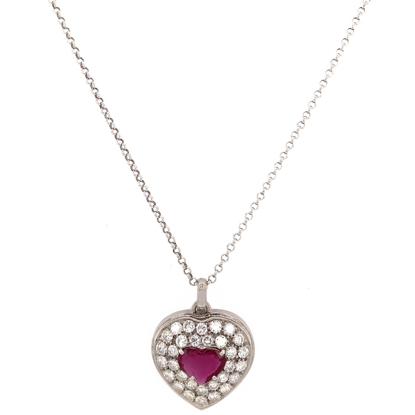 18k White Gold Ruby and Diamond Heart Pendant Necklace