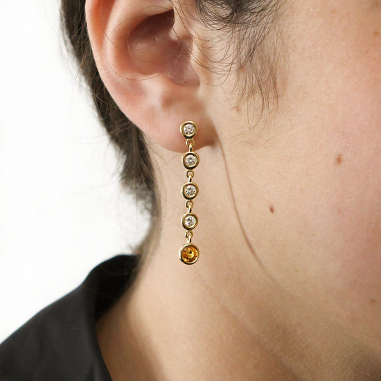 Load image into Gallery viewer, FAB DROPS 18K Yellow Gold Bezel Set Diamond and Champagne Sapphire Drop Earrings
