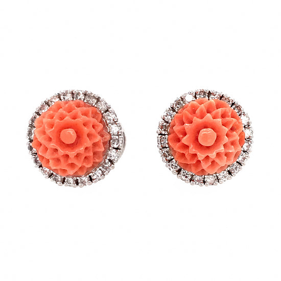 Carved Coral and Diamond Earrings